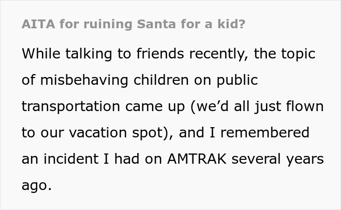 Text discussing misbehaving children on public transportation and an incident involving Santa Claus on an AMTRAK train.