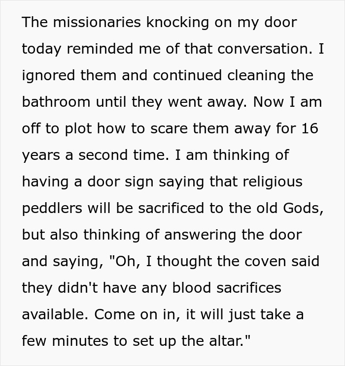 Text describes a humorous plan to avoid persistent Mormons with signs and jokes about sacrifices and altars.