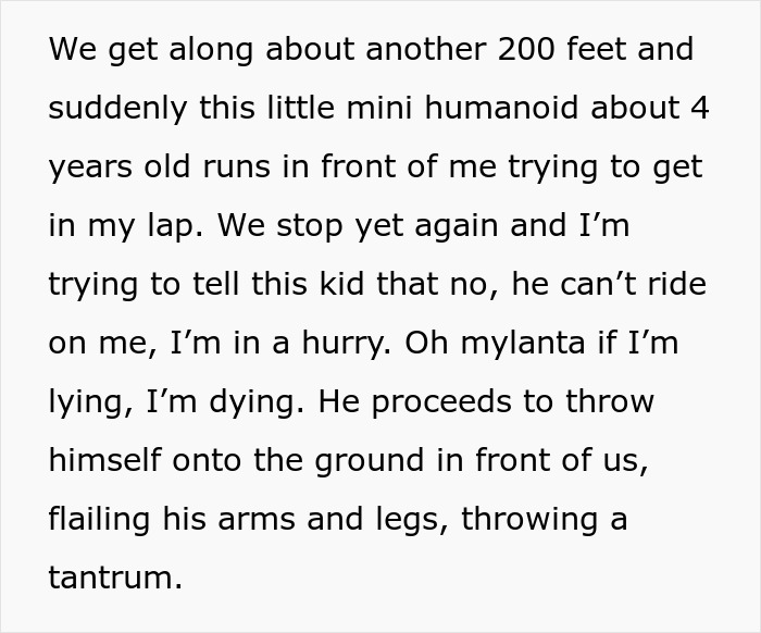 Text about a young child running and throwing a tantrum, trying to sit in someone's lap.