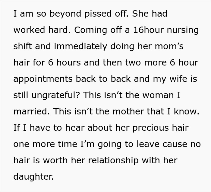 Text detailing a dad's frustration over wedding hair demands affecting family relationships.