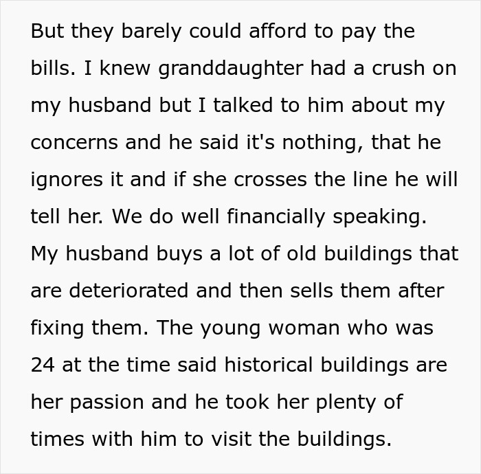 Text discussing a granddaughter's crush on a husband, financial stability, and interest in historical buildings.