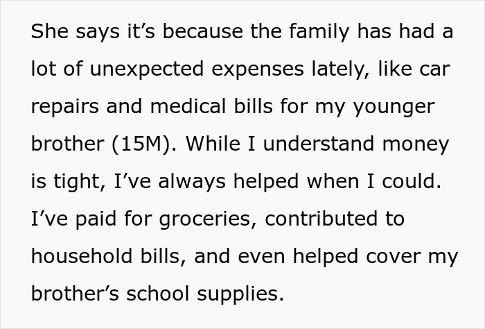 Text describing a family financial emergency, highlighting money challenges due to unexpected expenses.