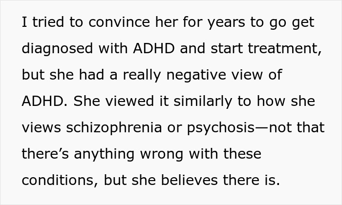 Text discussing ADHD diagnosis and marriage apology over seven years.