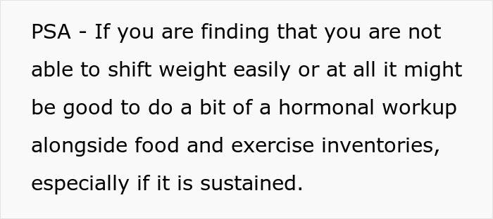 Text discussing weight shift difficulties, suggesting hormonal evaluation, nutrition, and exercise related to fat-shaming.