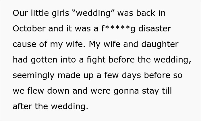 Text about wedding disruption, mother demands regarding daughter's hair, leading to family conflict.