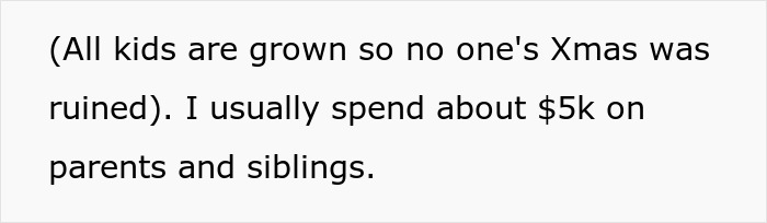 Text discussing spending $5k on family gifts, not impacting grown kids' Christmas.