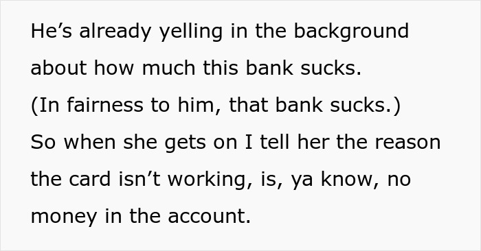 Text reveals a woman's discovery about her husband's financial secret during their honeymoon call to the bank.