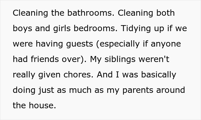 Text describing eldest child doing chores for siblings and parents in large family.