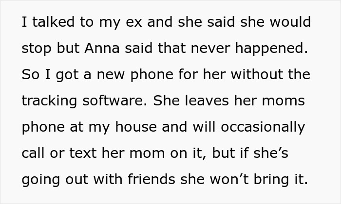 Text about daughter using mom's phone without tracking to communicate.