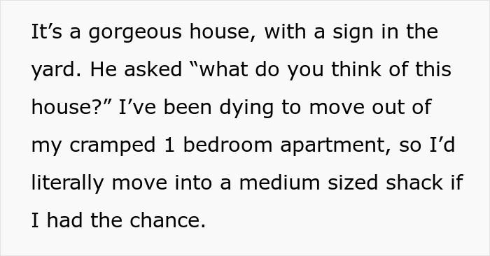 Text describing a fiancé planning a surprise house prank with a sign in the yard.