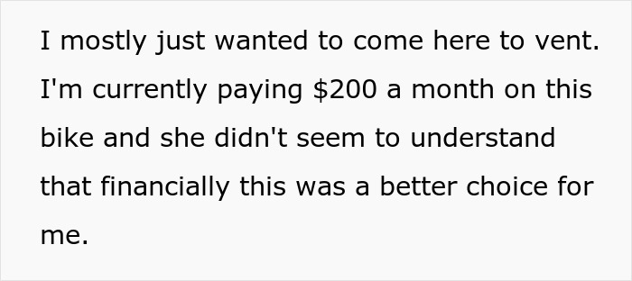 Text discusses paying $200 monthly for a motorcycle as a better financial choice.