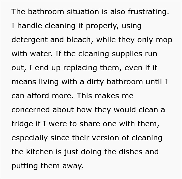 Text describing an awkward living situation with cleaning frustrations after his girlfriend moved in.