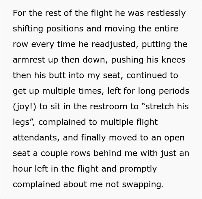 Entitled plane passenger causing a scene after being denied a seat swap, leading to complaints and discomfort on the flight.