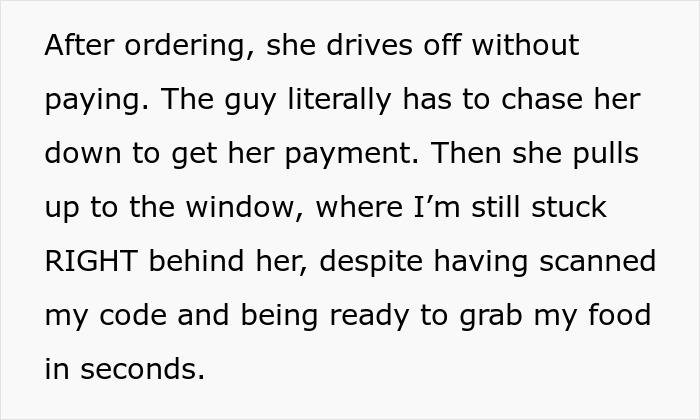 Text recounting a situation where a woman drives off without paying, causing a delay.