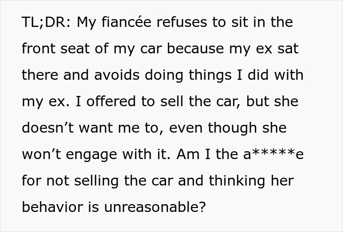 Text about fiancée's discomfort with using a car due to ex's past presence in it.