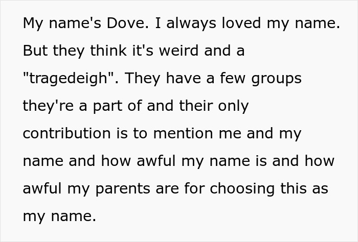 Text about a woman named Dove being mocked by her MIL and SIL for her name.