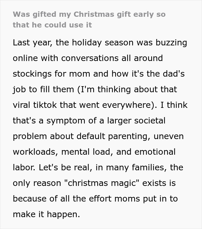 Text discussing the early gifting of a Christmas gift, societal issues, and parenting roles.