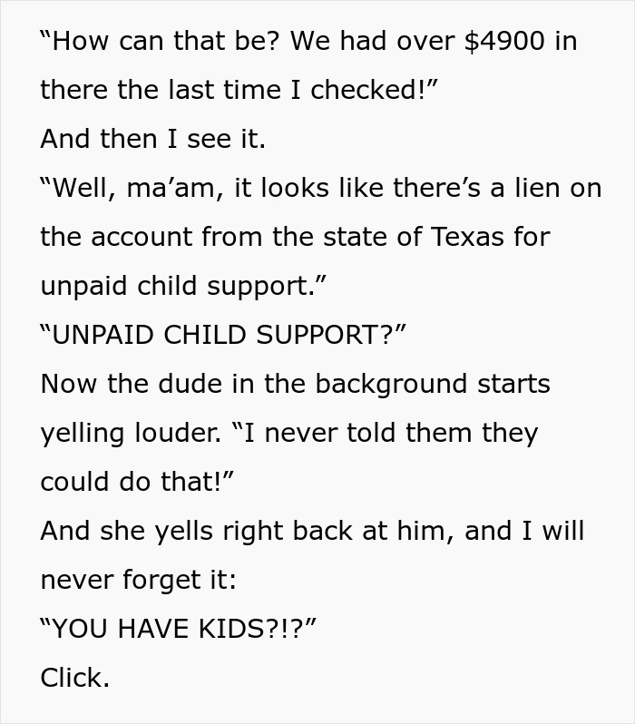 Woman finds out husband's secret about unpaid child support during a bank call on their honeymoon.