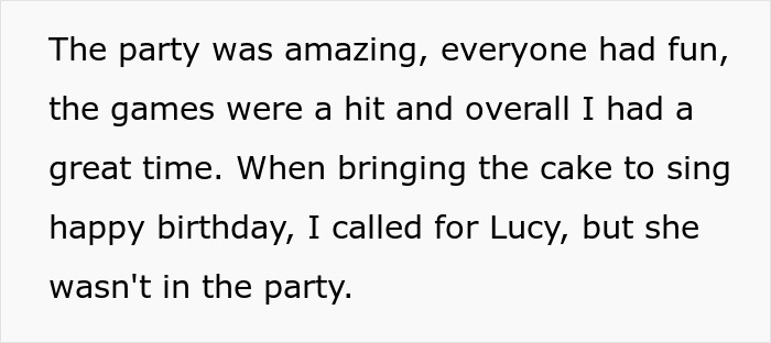 Text about a party where Lucy went missing during the celebration.