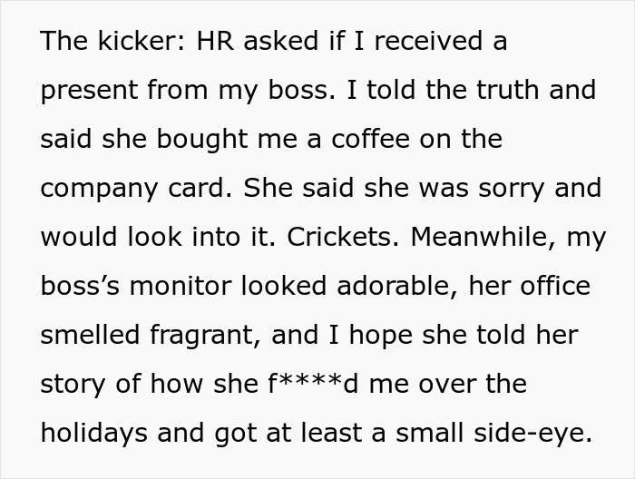 Text of HR inquiry about Secret Santa gift involving boss, highlighting a joke gone wrong.