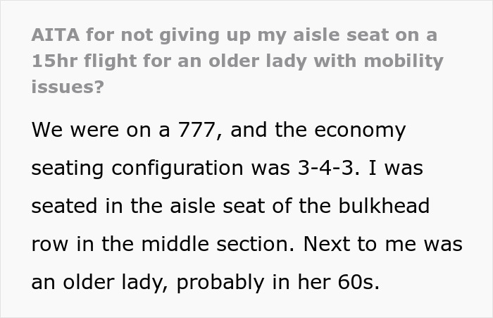 Text conversation about refusing to switch airplane seats with a 60-year-old lady, discussing mobility issues.