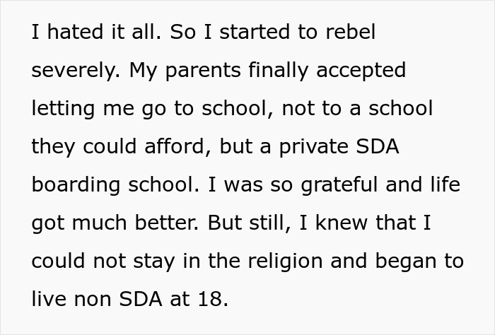 Text discussing rebellion against religious upbringing and attending a private boarding school; includes personal reflections.