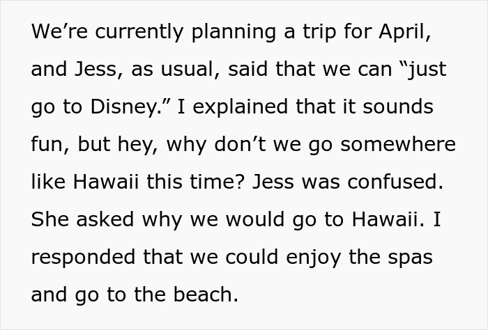 Text exchange discussing a trip, with a suggestion to visit Hawaii instead of Disney.