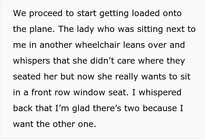 Text about a woman in a wheelchair discussing front row window seats on a plane.