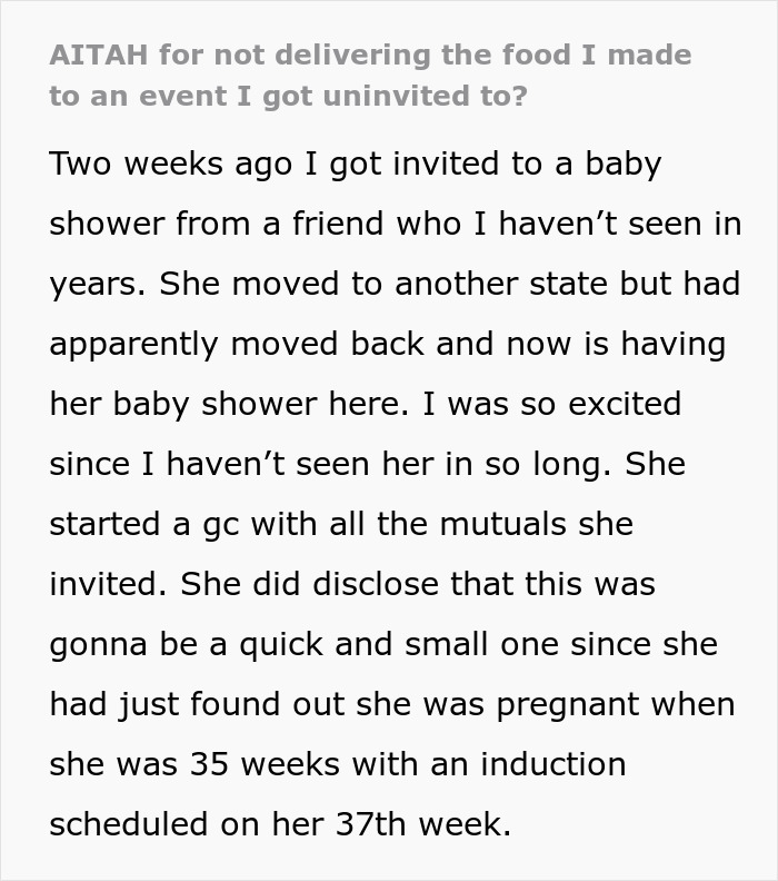 Text story about a woman uninvited from a baby shower refusing to deliver the food she made.