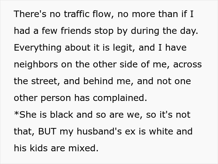 Text describing neighbor conflicts over traffic flow and complaints, highlighting racial dynamics.