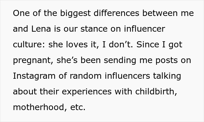 Text about differences in opinions on influencer culture and pregnancy influencer content.