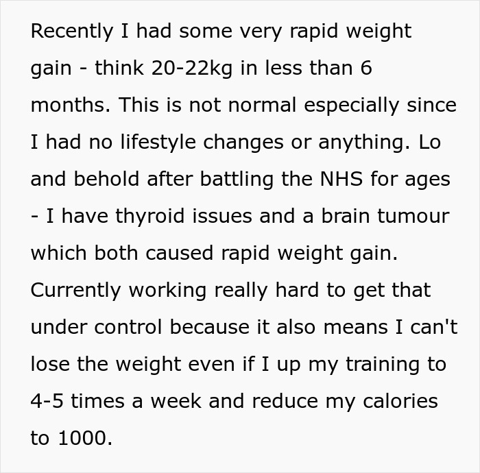 Text discusses rapid weight gain due to thyroid issues and a brain tumor, highlighting the challenges of fat-shaming.