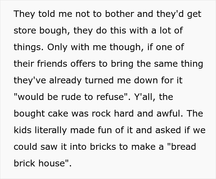 Text about kids making fun of a hard store-bought cake, suggesting to use it as bricks for a \"bread brick house.\