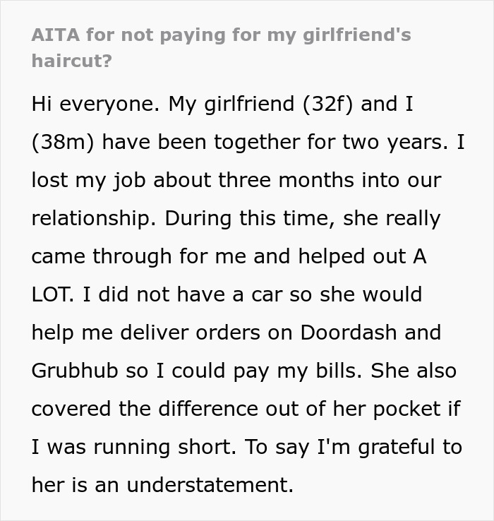 Text discussing a woman's support for her unemployed boyfriend lacking self-awareness.