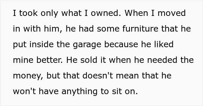 Text discussing a man's choice involving a toxic sibling and his girlfriend, mentioning furniture decisions and consequences.