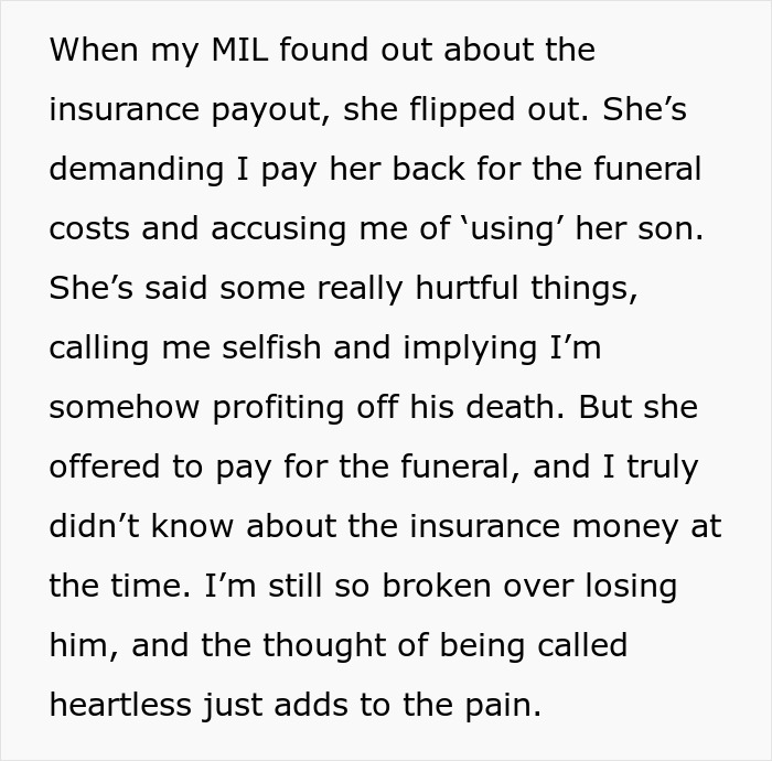 Text conveying a mother-in-law's demand for funeral cost repayment after an insurance payout.