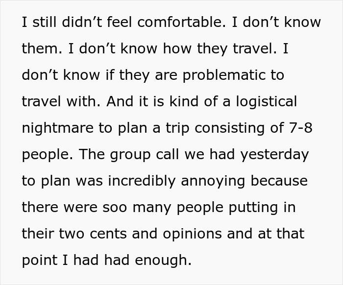 Text expressing frustration over planning a Japan trip with strangers, highlighting logistical challenges.