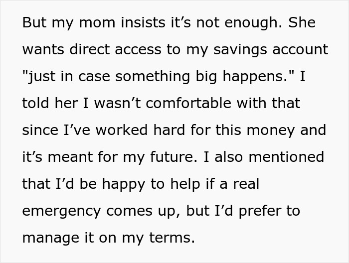 Text discussing a family financial disagreement over emergency money access.