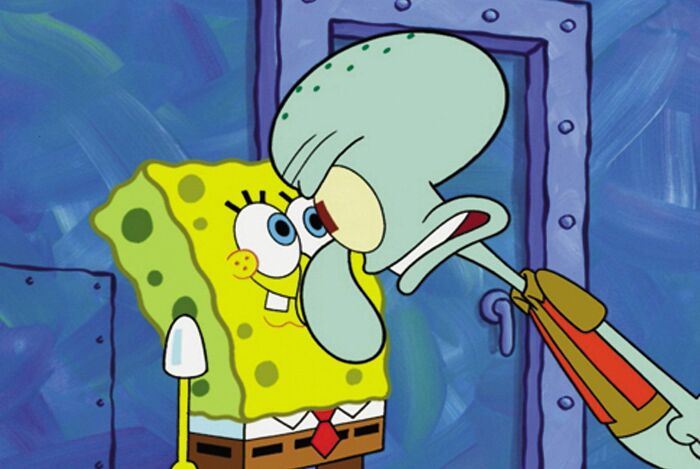 Spongebob and Squidward from "SpongeBob SquarePants", in which the latter character is portrayed as a villain, despite not being so unreasonable. 