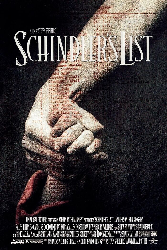 "Schindler's List poster showing clasped hands against a backdrop of names."