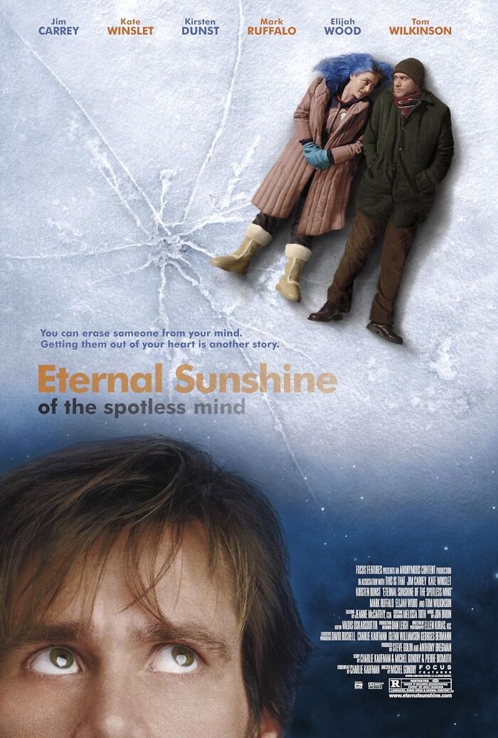 Poster for "Eternal Sunshine of the Spotless Mind," featuring main characters on icy background.