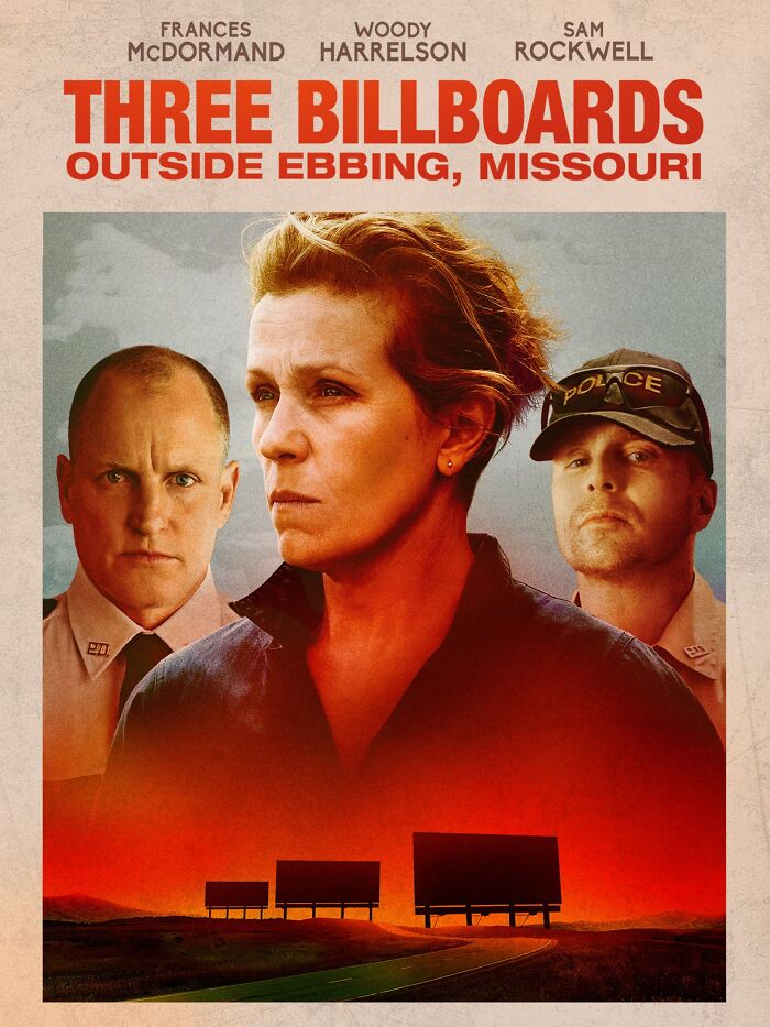 Poster of "Three Billboards Outside Ebbing, Missouri" featuring three characters against a billboard background.