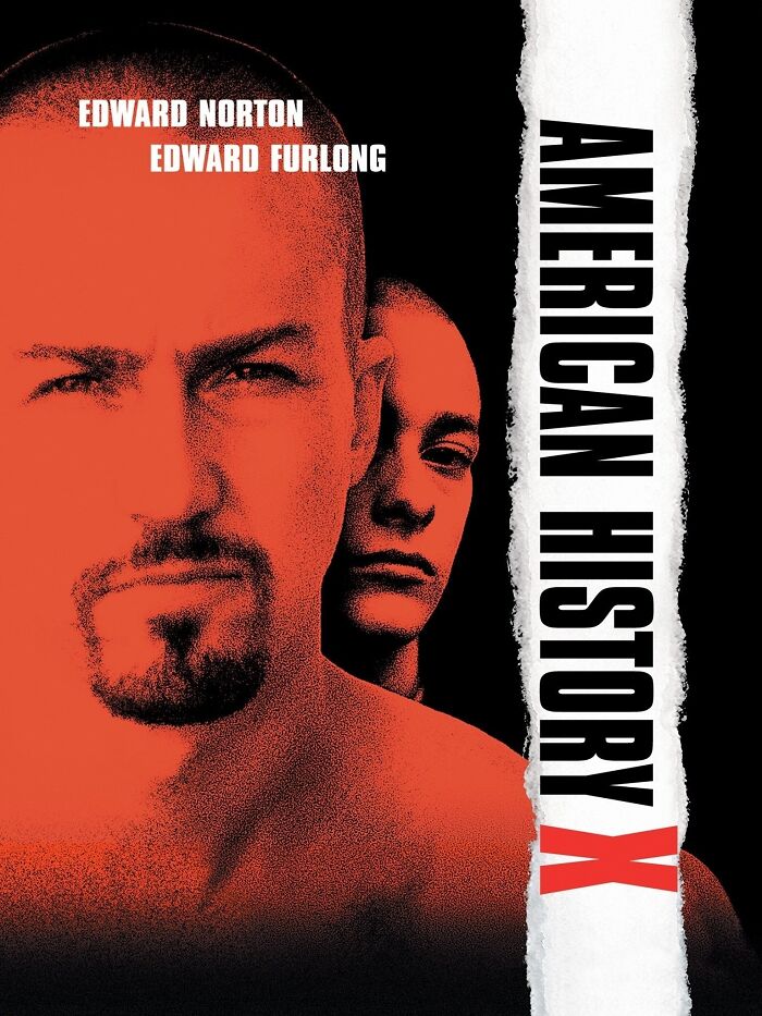 Poster for "American History X," featuring two serious faces in a bold, red and black design.