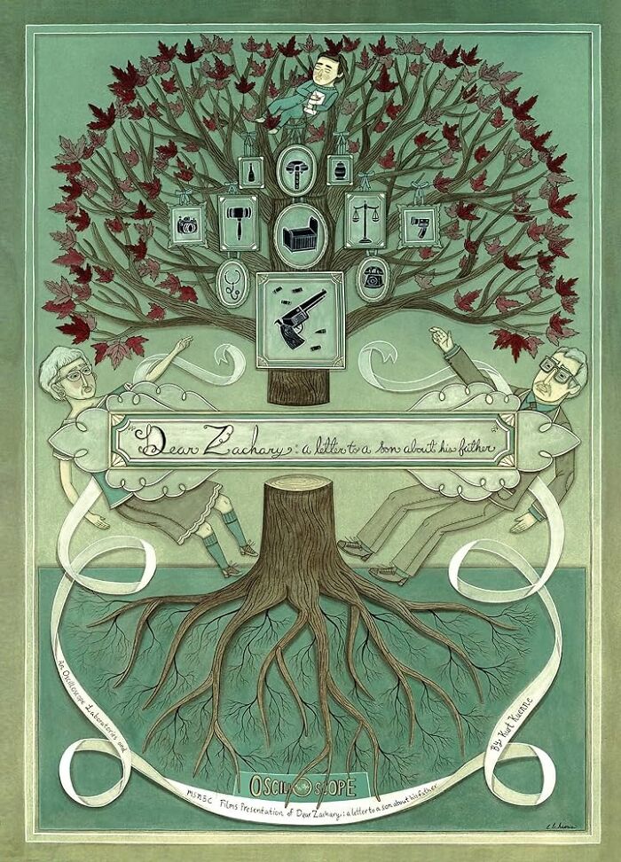 Illustrated movie poster of "Dear Zachary" showing a tree with branches symbolizing themes from the film.