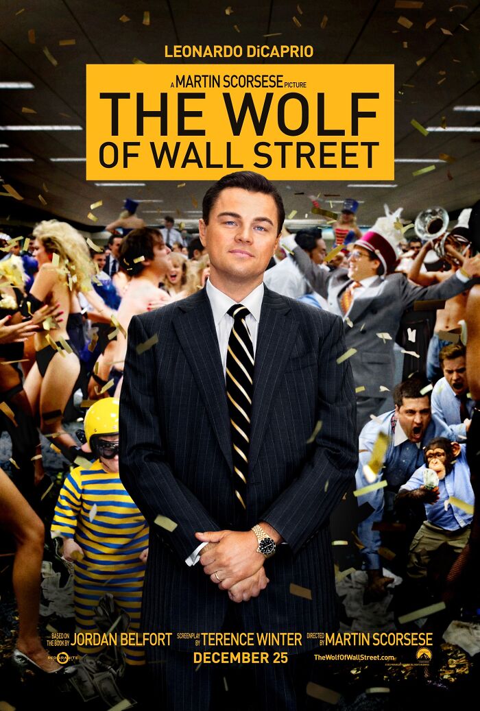 "The Wolf of Wall Street movie poster featuring a confident man in a suit surrounded by party scenes."