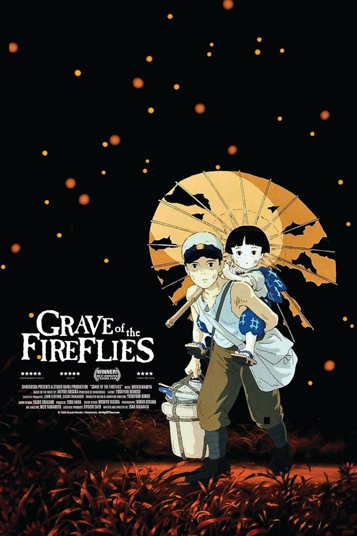 "Grave of the Fireflies poster featuring two children under a broken umbrella."