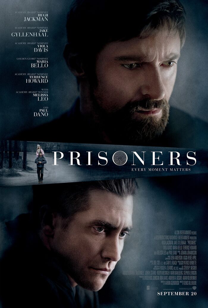 Prisoners movie poster featuring intense looks from the main characters, capturing a compelling thriller vibe.