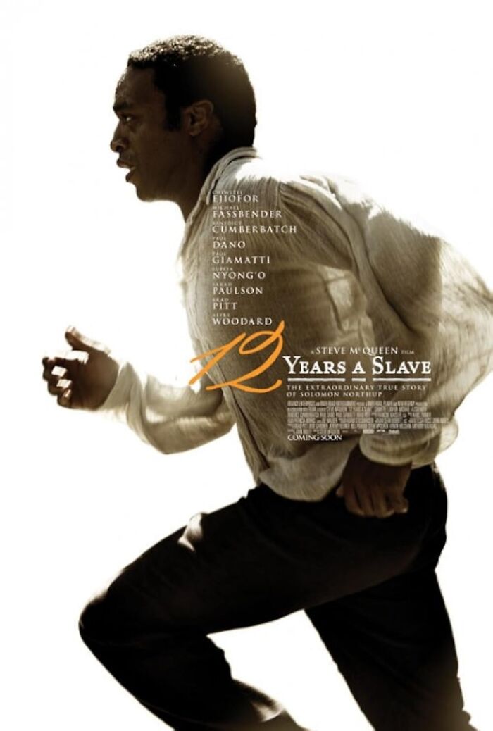 Movie poster for "12 Years a Slave" with a man running, capturing intense emotion.