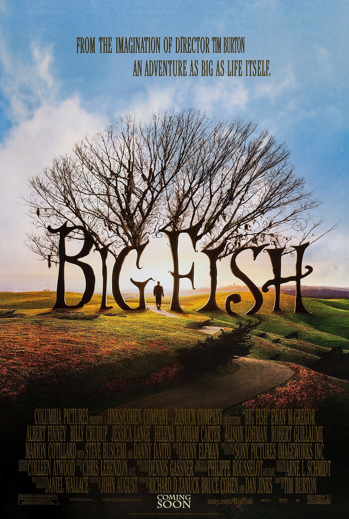 Movie poster for "Big Fish" featuring a large tree silhouette shaped to spell the title, with a figure walking underneath.