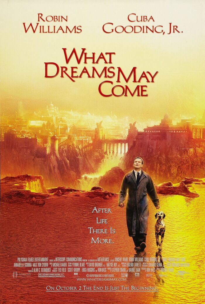 Movie poster for "What Dreams May Come" featuring a man and a dog in a surreal landscape.